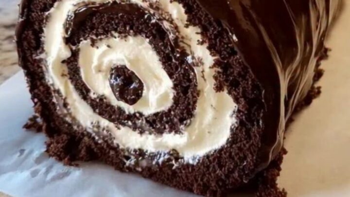 Un beau roulé au chocolat nappé d'une ganache brillante et décoré de chantilly.