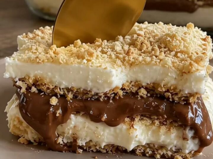 Gros plan sur une part de gâteau glacé au Nutella et café avec des couches bien visibles.