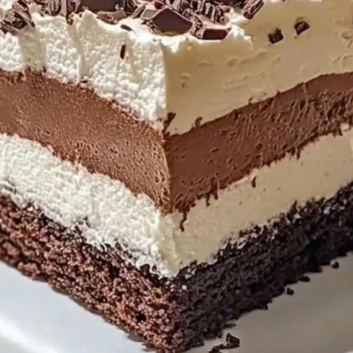 Gâteau trois chocolats avec des couches distinctes, surmonté de copeaux de chocolat noir.