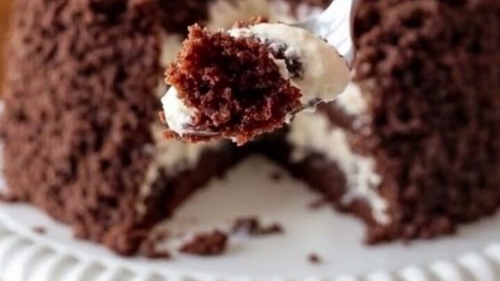 Gâteau crumble au chocolat et crème coco présenté sur un plat sur pied blanc festonné.