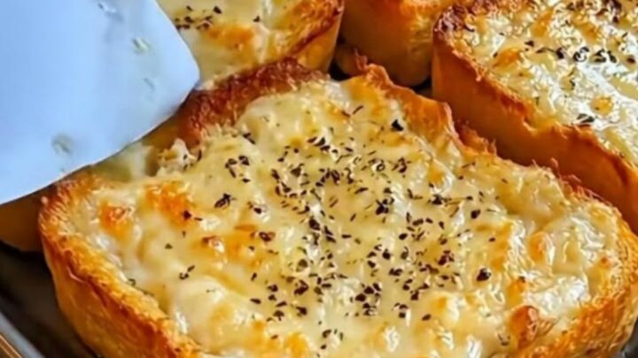 A sheet pan filled with six slices of golden-brown garlic cheese bread topped with fresh parsley.