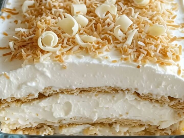 Gâteau glacé à la crème de coco avec copeaux de chocolat blanc sur un plat en verre.