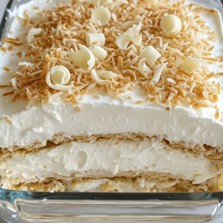 Gâteau glacé à la crème de coco avec copeaux de chocolat blanc sur un plat en verre.