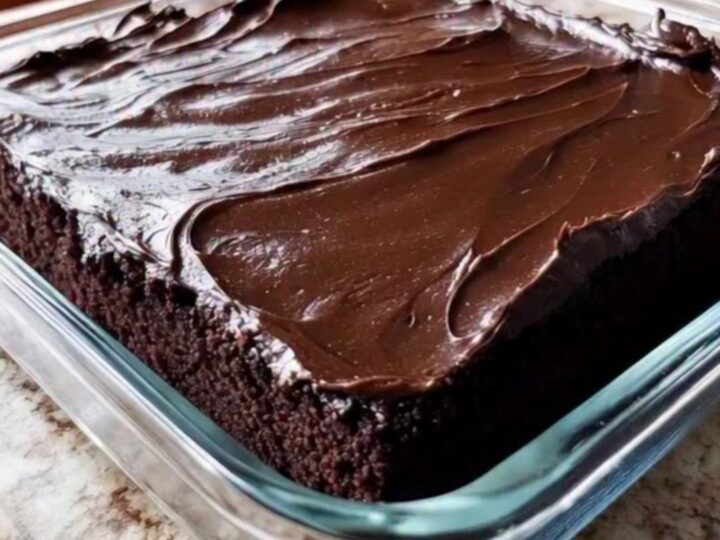 Gâteau au chocolat Wacky Cake glacé et brillant dans son plat en verre.