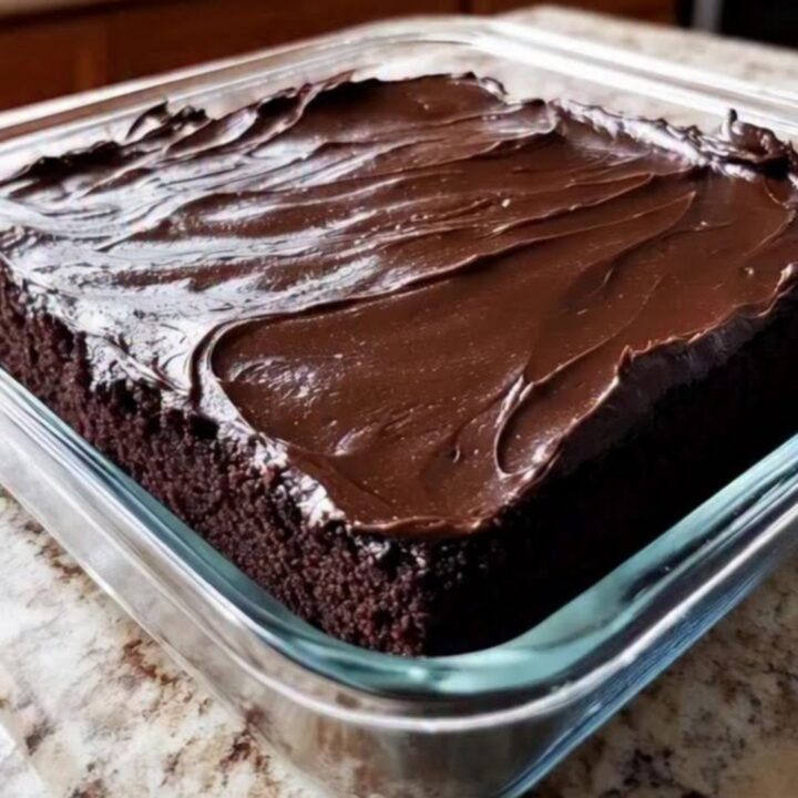 Gâteau au chocolat Wacky Cake glacé et brillant dans son plat en verre.
