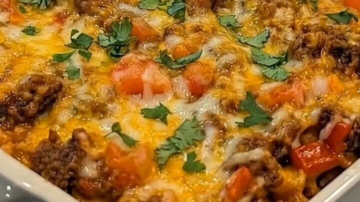 A freshly baked Beefy Fiesta Tortilla Casserole in a white baking dish, topped with bubbling melted cheese