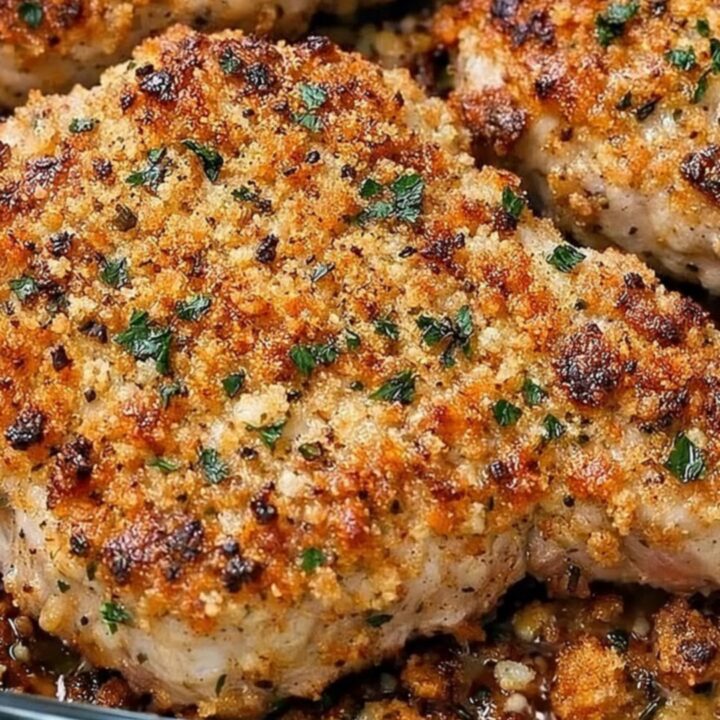 Three golden-brown parmesan crusted pork chops in a glass baking dish, garnished with fresh parsley.