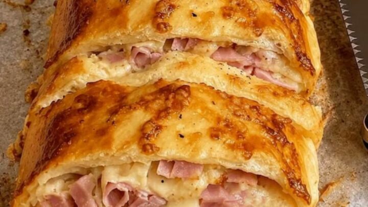 Roulé croustillant doré au four, tranché pour montrer le fromage fondu et le jambon.