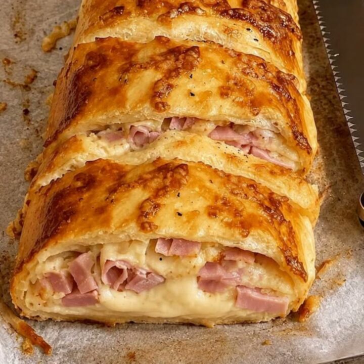 Roulé croustillant doré au four, tranché pour montrer le fromage fondu et le jambon.