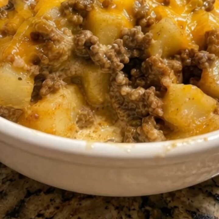 A steaming white bowl filled with creamy taco seasoned ground beef, tender diced potatoes, and melted cheddar cheese