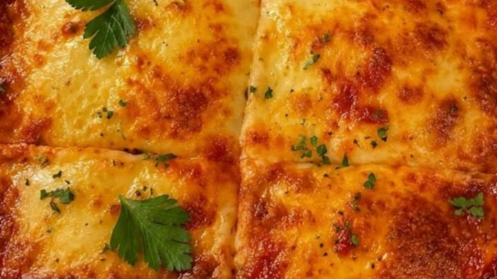 A close-up of a portion of baked lasagna with melted mozzarella being lifted by a spatula.