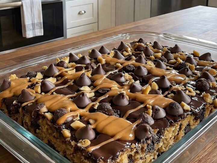 Gâteau fondant au chocolat et beurre de cacahuète dans son plat en verre, garni de pépites et de cacahuètes.