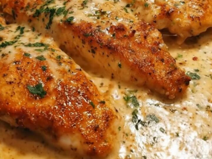 A golden-brown chicken breast covered in a creamy white parmesan sauce with chopped parsley in a cast-iron skillet.