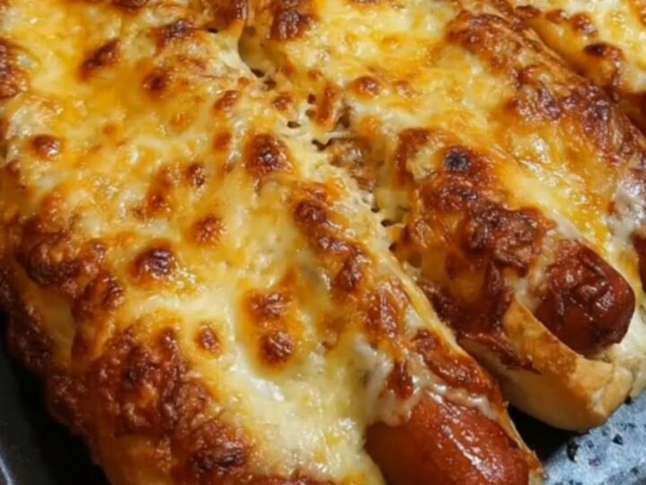 A close-up of a crispy, golden-brown cheesy hot dog on a dark baking pan with steam rising.