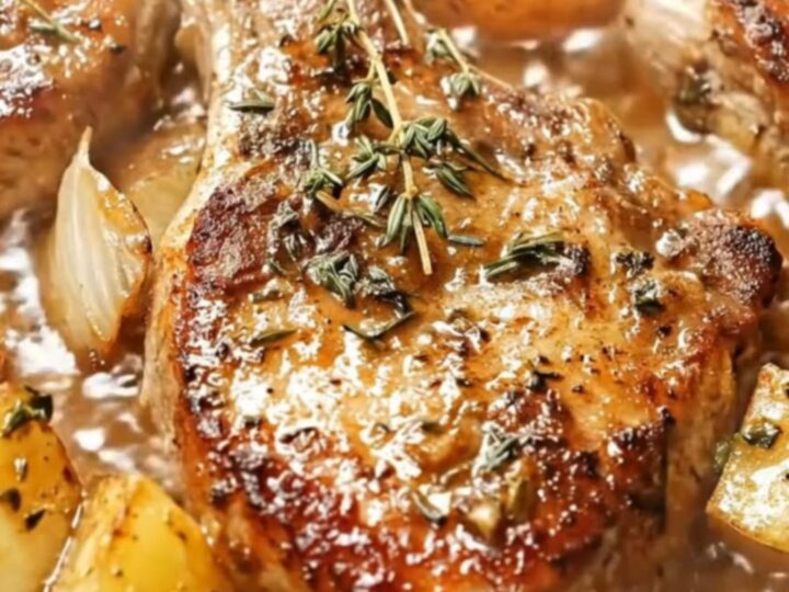 A cast-iron skillet containing golden-brown bone-in pork chops and roasted potato wedges with herbs.