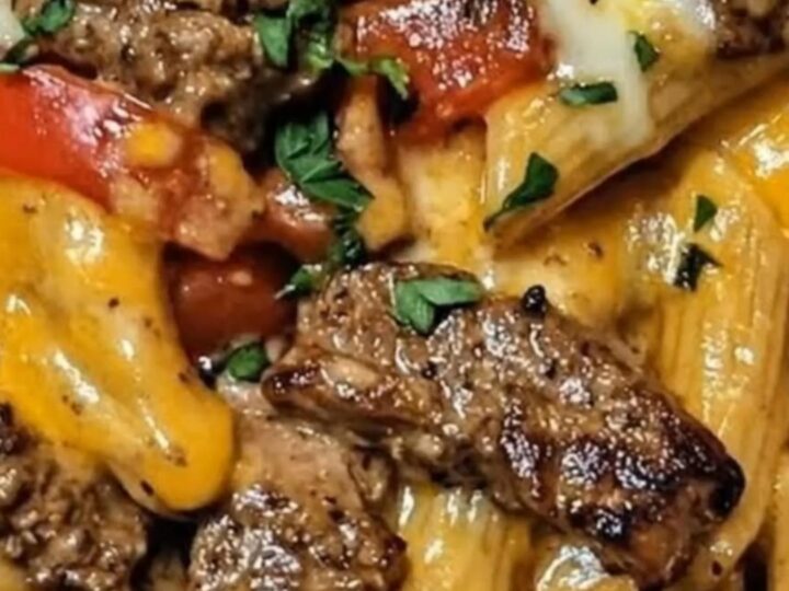 A steaming bowl of creamy steak and bell pepper penne with a visible cheese pull.
