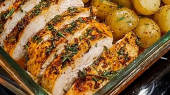 A rustic glass baking dish filled with roasted chicken breast slices, golden baby potatoes, and vibrant green beans.