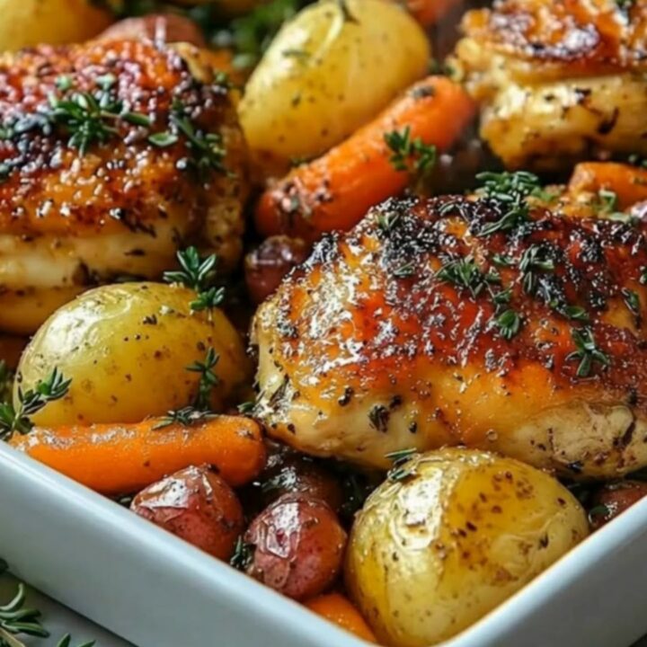 Sticky honey garlic roasted chicken thighs with carrots and potatoes in a ceramic dish.