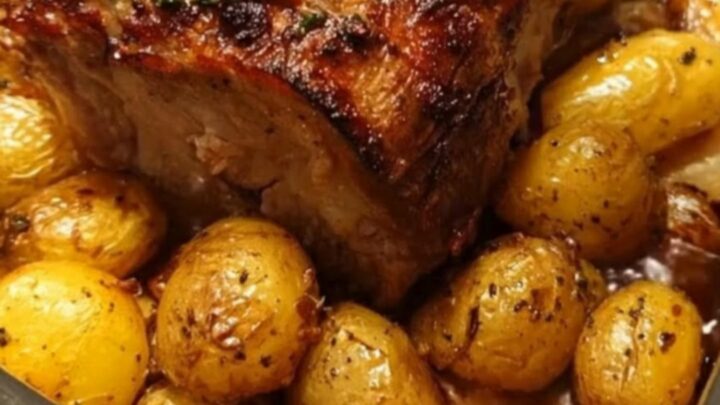 A beautifully roasted pork loin with crispy golden baby potatoes in a dark roasting pan, ready to serve.