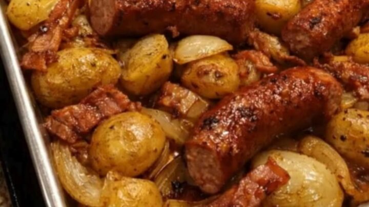 A metal baking sheet filled with roasted golden potatoes, chunks of crispy bacon, and sliced smoked sausage.