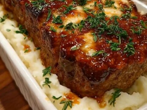A slice of brown sugar glazed meatloaf served next to a mound of creamy mashed potatoes on a white plate.