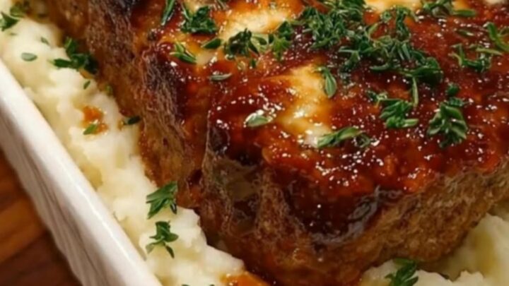 A slice of brown sugar glazed meatloaf served next to a mound of creamy mashed potatoes on a white plate.