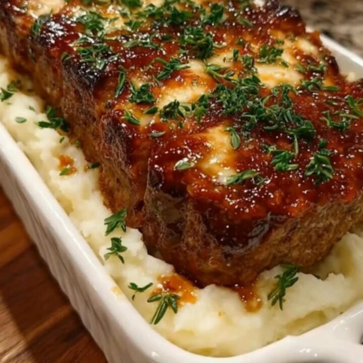 A slice of brown sugar glazed meatloaf served next to a mound of creamy mashed potatoes on a white plate.