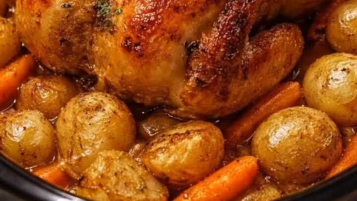 A whole slow-cooked chicken served on a platter with tender baby potatoes and carrots.