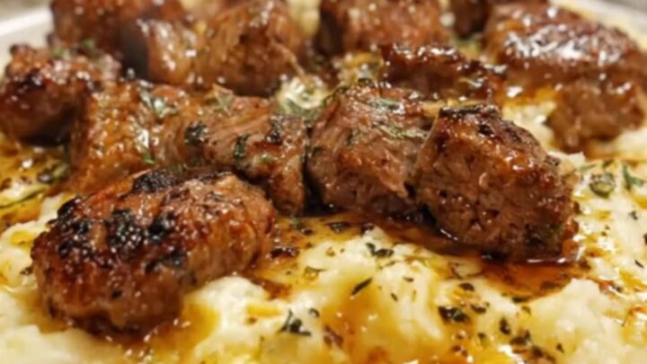 A close-up of garlic butter steak bites served over creamy Parmesan mashed potatoes on a white plate.