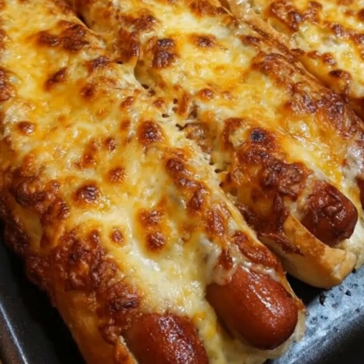 Three hot dogs topped with melted, golden-brown mozzarella cheese on a black baking tray.