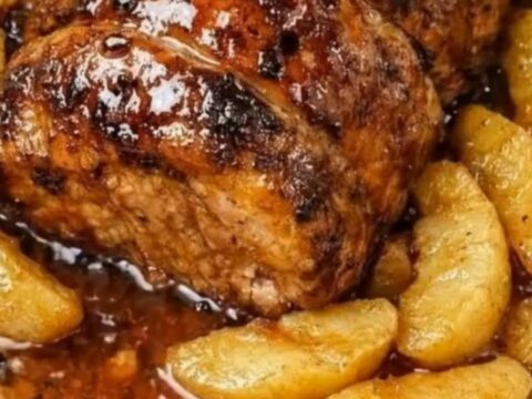 A glistening brown sugar glazed pork roast served on a white platter with tender cinnamon-glazed apple wedges.