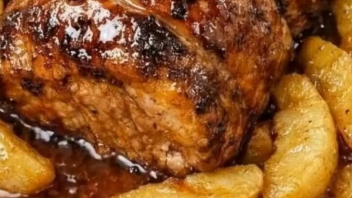 A glistening brown sugar glazed pork roast served on a white platter with tender cinnamon-glazed apple wedges.