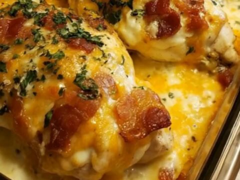 A golden, baked chicken breast topped with melted cheddar and mozzarella cheese, crispy bacon