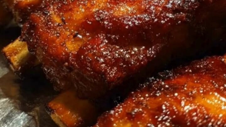 Sticky, caramelized country style pork ribs resting in a baking dish with a glossy glaze.