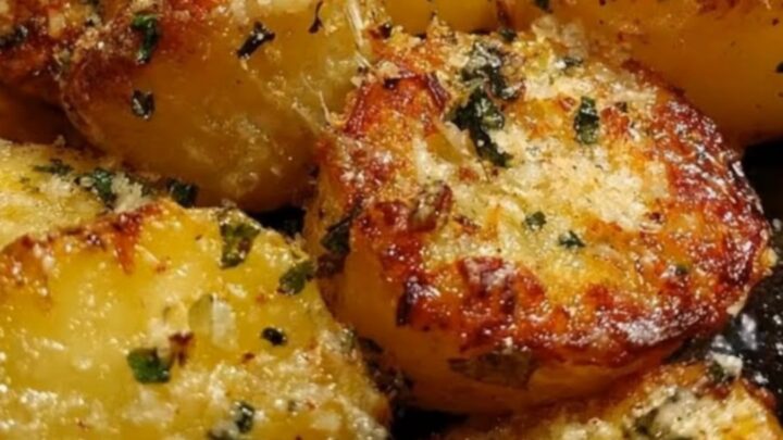 Golden brown crispy baby potatoes seasoned with parmesan and parsley on a dark baking sheet.