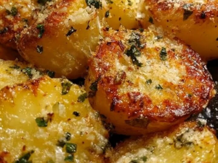 Golden brown crispy baby potatoes seasoned with parmesan and parsley on a dark baking sheet.