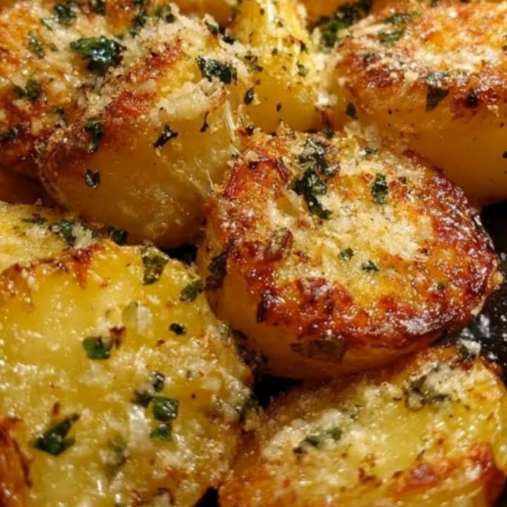 Golden brown crispy baby potatoes seasoned with parmesan and parsley on a dark baking sheet.