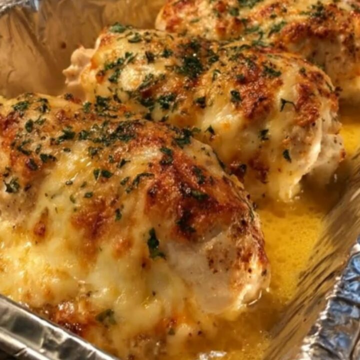 A golden, baked stuffed chicken breast with melted mozzarella cheese pulling apart on a white plate.