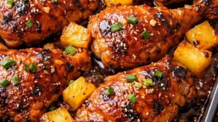 Sticky pineapple teriyaki chicken thighs glistening with a thick glaze, served with white rice.