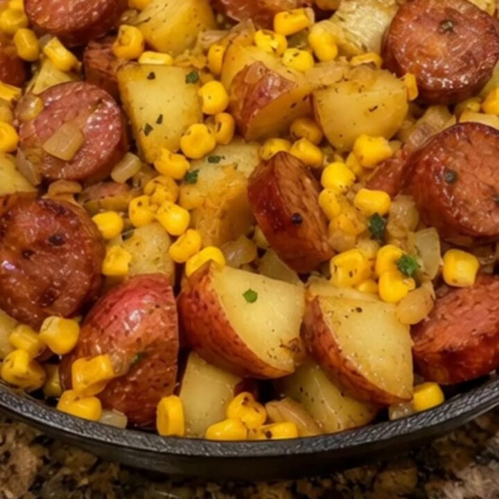 A seasoned cast-iron skillet filled with seared sausage rounds, tender red potatoes, and sweet corn in a glossy glaze.