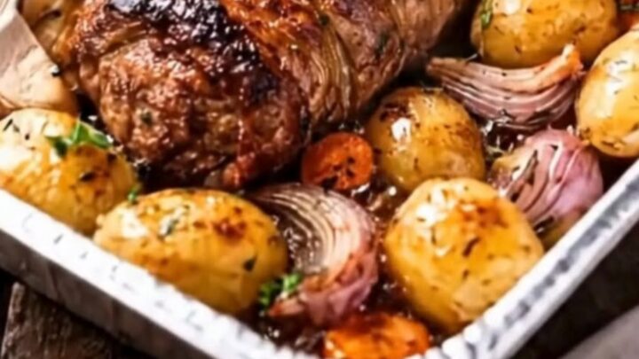 Steaming aluminum roasting pan with herb-crusted pork loin, baby potatoes, and red onions.