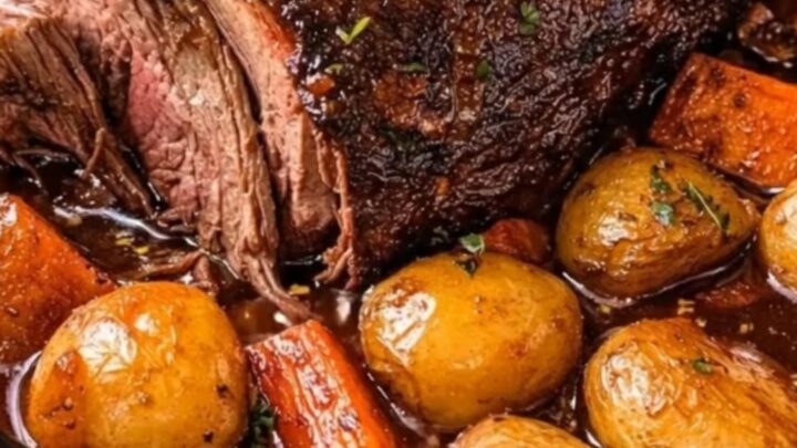 A tender beef chuck roast served in a shallow white bowl with carrots and potatoes, drizzled with rich gravy.