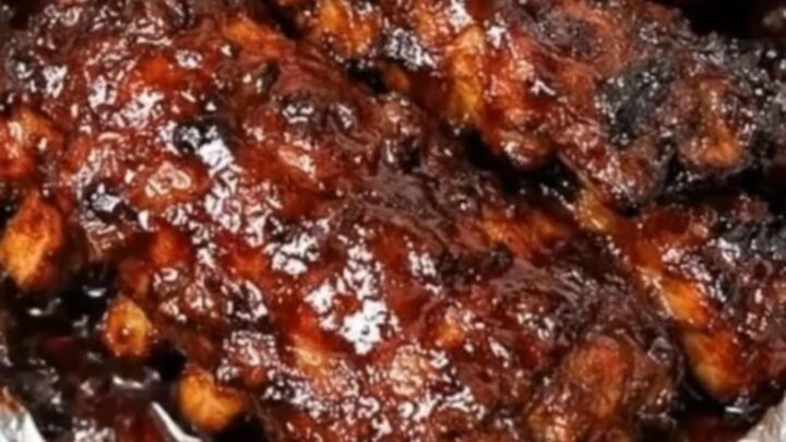 A close-up view of tender BBQ ribs being lifted with tongs from a slow cooker.