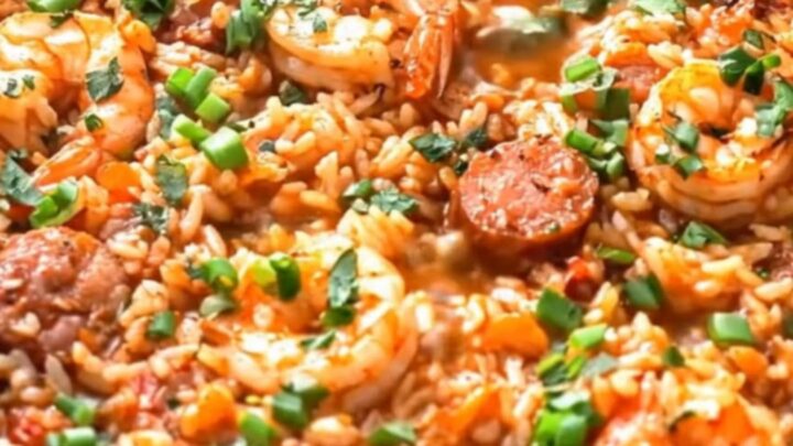 A steaming bowl of slow cooker jambalaya featuring plump shrimp, sliced smoked sausage, and perfectly cooked rice.
