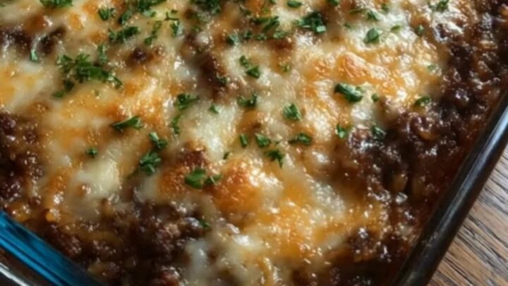 A steaming, cheesy French onion beef and rice casserole in a glass baking dish.