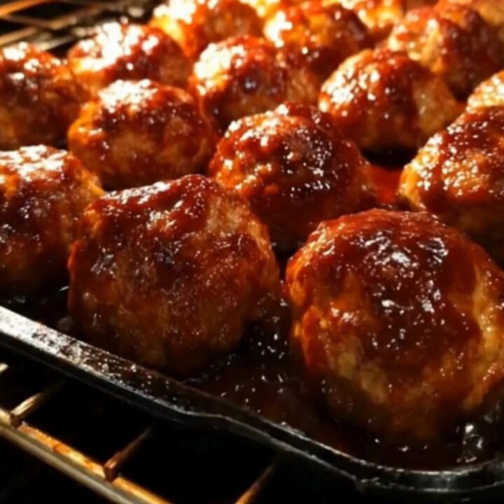 A close-up view of sticky, caramelized BBQ meatballs on a black baking tray, glistening with a rich, dark sauce.
