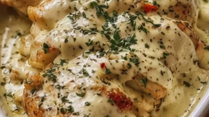 Baked cream cheese chicken breast in a white oval baking dish, garnished with fresh parsley.