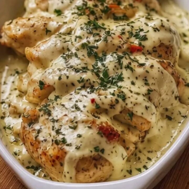 Baked cream cheese chicken breast in a white oval baking dish, garnished with fresh parsley.