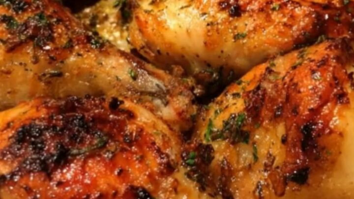 Golden-brown roasted chicken drumsticks arranged neatly in a metal roasting pan.