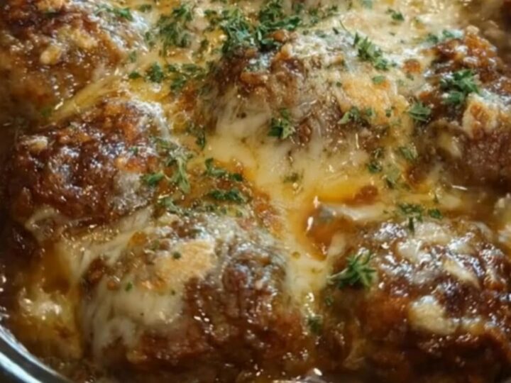 A close-up of cheesy French onion meatballs in a slow cooker with a long, gooey cheese pull from a spoon.